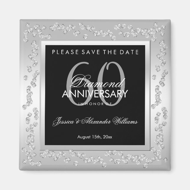 Stylish Silver Diamonds 60th Wedding Anniversary Magnet (Front)