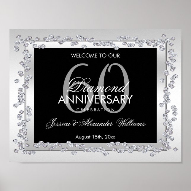 Stylish Silver Diamonds 60th Wedding Anniversary Poster (Front)