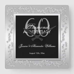 Stylish Silver Diamonds 60th Wedding Anniversary Square Wall Clock