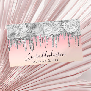 Stylish silver floral glitter drips makeup & hair business card