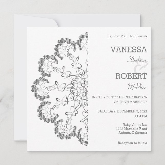 Stylish Silver Floral Mandala Wedding Invitation (Front)