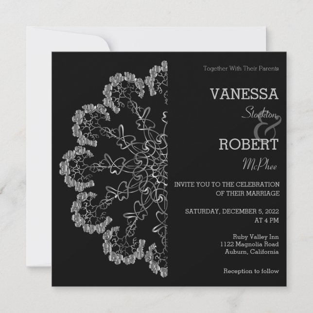 Stylish Silver Floral Mandala Wedding Invitation (Front)