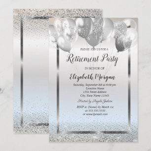 Stylish Silver Frame Confetti Balloons Retirement Invitation