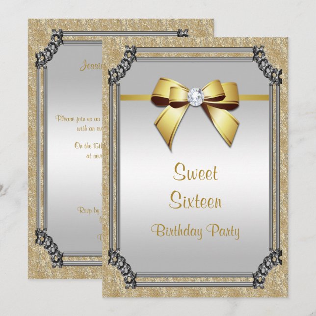 Stylish Silver Frame & Gold Posh Gem Bow Sweet 16 Invitation (Front/Back)
