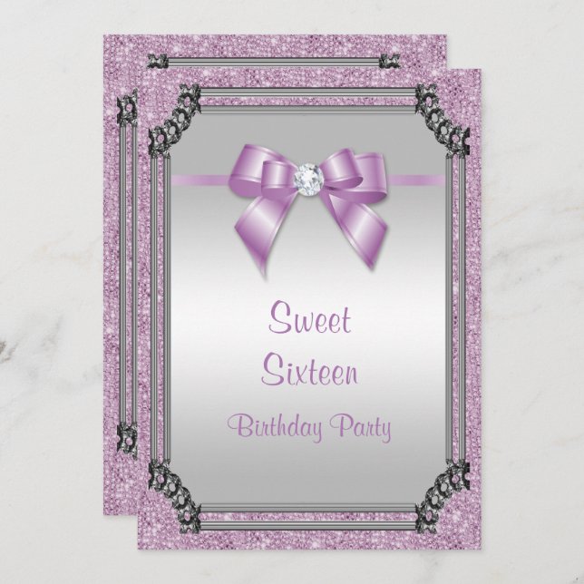 Stylish Silver Frame & Lilac Posh Gem Bow Sweet 16 Invitation (Front/Back)