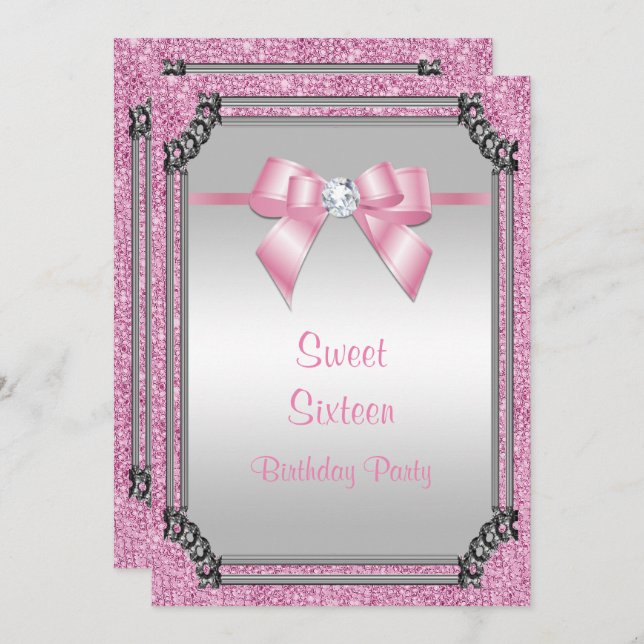 Stylish Silver Frame & Pink Posh Gem Bow Sweet 16 Invitation (Front/Back)