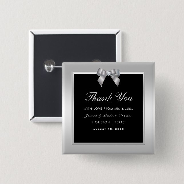 Stylish Silver Gem Bow & Black Wedding Favour 15 Cm Square Badge (Front & Back)
