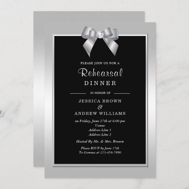 Stylish Silver Gem Bow & Black Wedding Invitation (Front/Back)