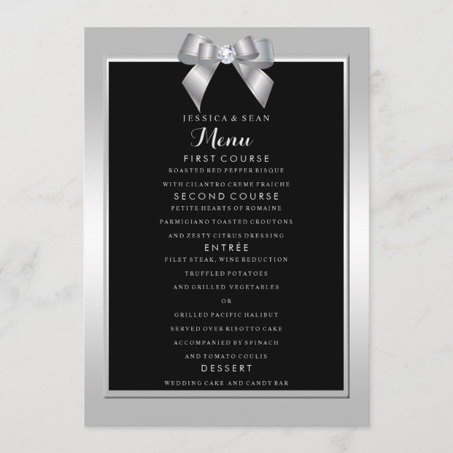 Stylish Silver Gem Bow & Black Wedding Menu (Front)