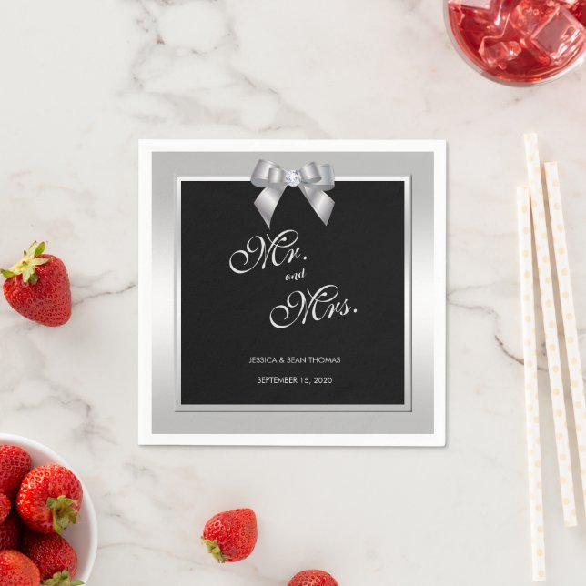 Stylish Silver Gem Bow & Black Wedding Napkin (Insitu)