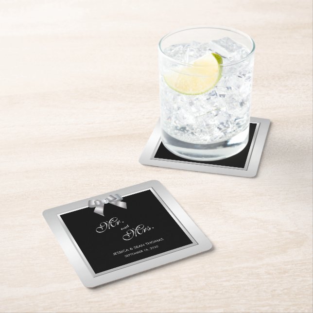 Stylish Silver Gem Bow & Black Wedding Square Paper Coaster (Insitu)