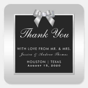 Stylish Silver Gem Bow & Black Wedding Square Sticker