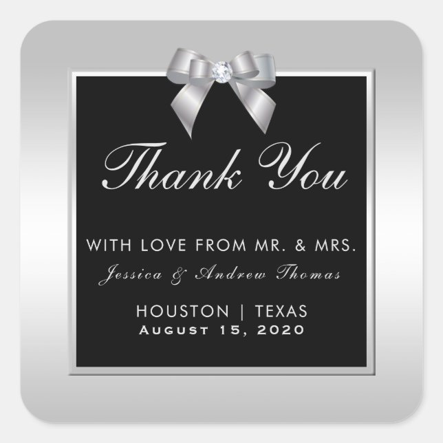 Stylish Silver Gem Bow & Black Wedding Square Sticker (Front)