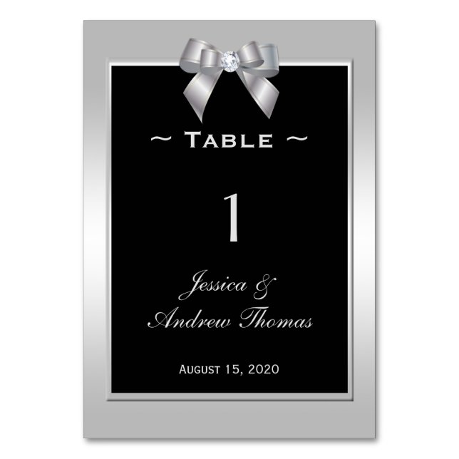Stylish Silver Gem Bow & Black Wedding Table Number (Front)