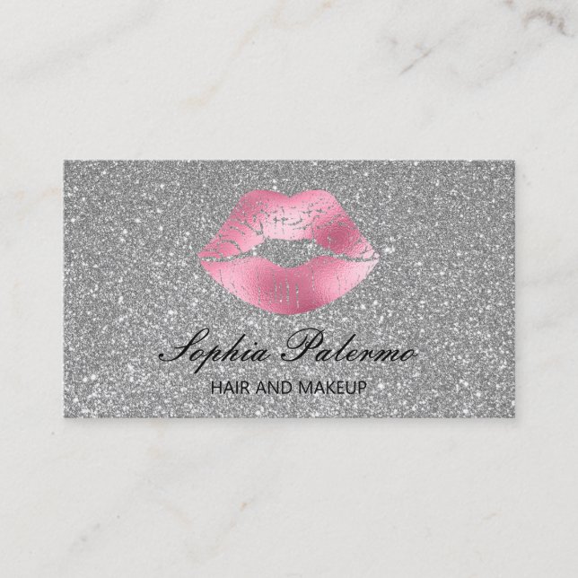 Stylish Silver Glitter And Pink Lips Business Card (Front)