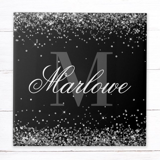 Stylish Silver Glitter Black White Monogram Tile (Creator Uploaded)