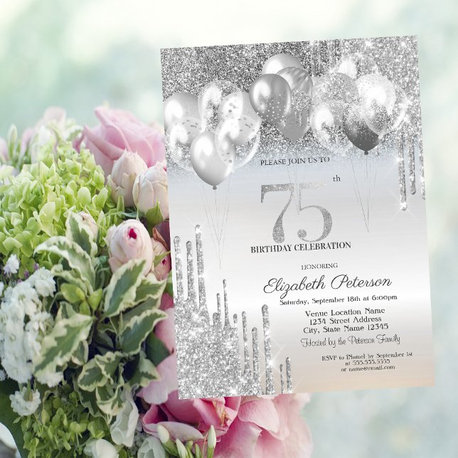 Stylish Silver Glitter Drips Balloons 75th Birthda Invitation (Creator Uploaded)