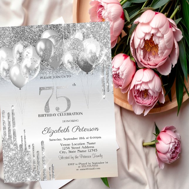 Stylish Silver Glitter Drips Balloons 75th Invitation (Creator Uploaded)