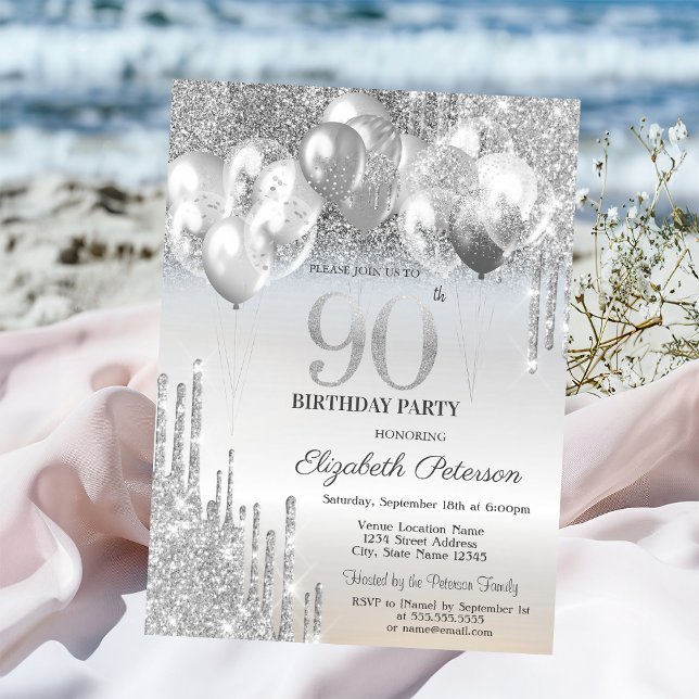Stylish Silver Glitter Drips Balloons 90th Birthda Invitation (Creator Uploaded)