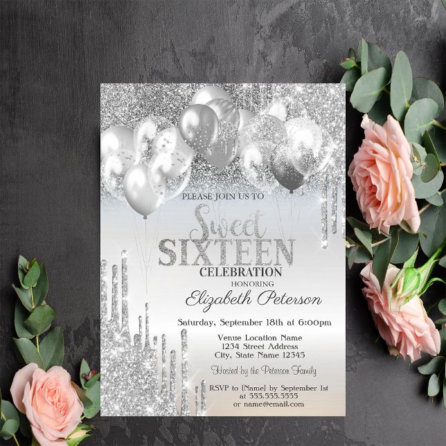 Stylish Silver Glitter Drips Balloons Sweet 16 Invitation (Creator Uploaded)