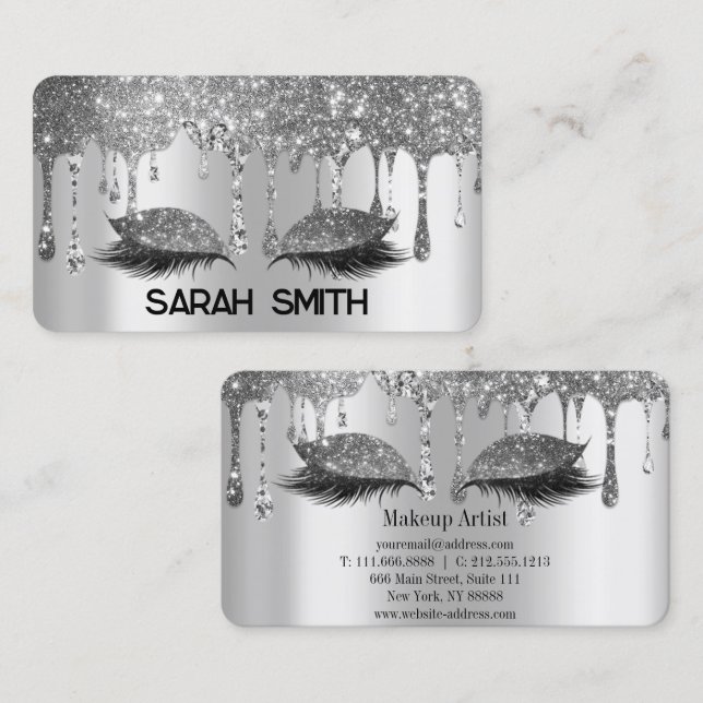 Stylish Silver Glitter Drips Eyelashes Business Card (Front/Back)