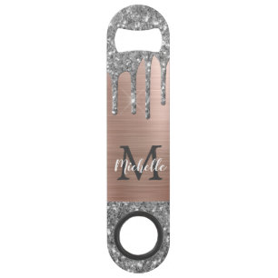 Stylish Silver Glitter Drips Rose Gold Monogrammed