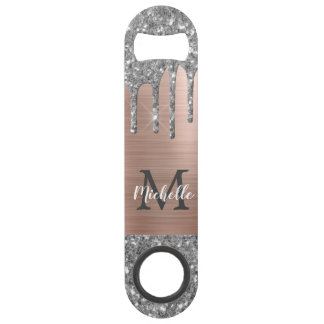 Stylish Silver Glitter Drips Rose Gold Monogrammed