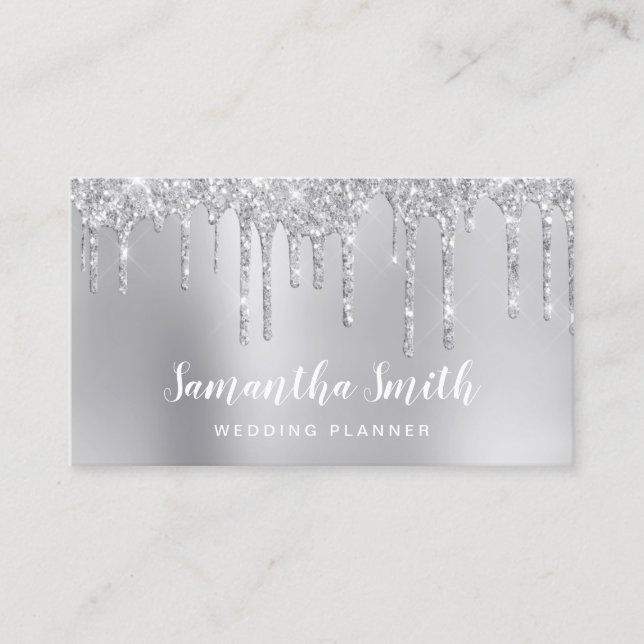 Stylish silver glitter drips wedding planner business card (Front)