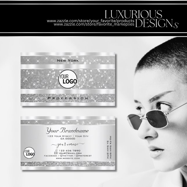 Stylish Silver Glitter Sparkling Stars and Logo Business Card (Creator Uploaded)