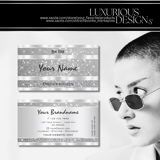 Stylish Silver Glitter Sparkling Stars Eye-Catcher Business Card (Creator Uploaded)