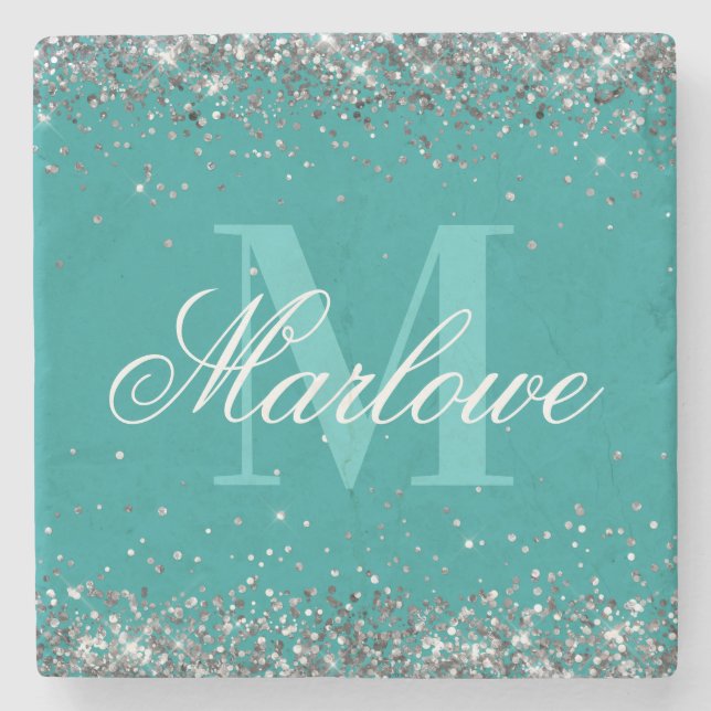 Stylish Silver Glitter Teal Monogram Stone Coaster (Front)
