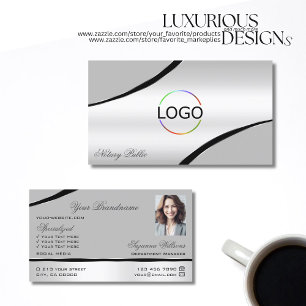Stylish Silver Grey Curved Decor Lines Logo Photo Business Card