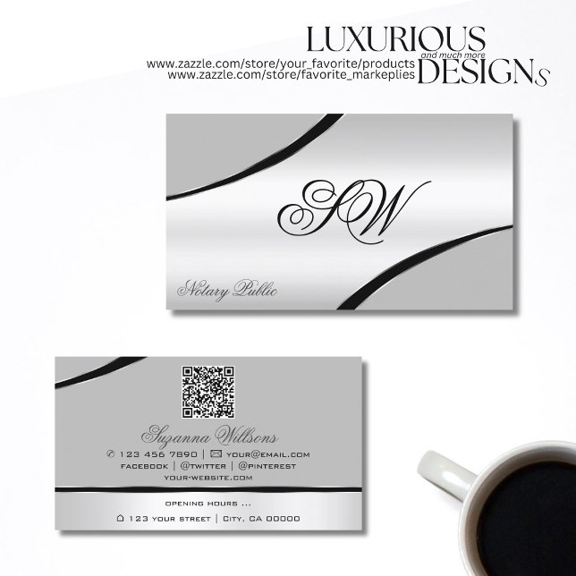 Stylish Silver Grey Curved Lines Monogram QR Code Business Card (Creator Uploaded)