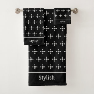 Stylish silver grey dots on black bath towel set