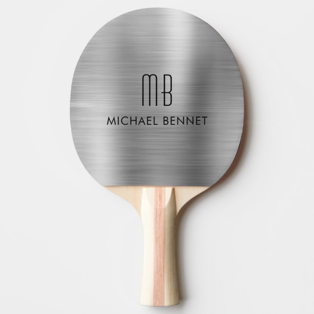 Stylish Silver Grey Metallic Monogram Name Ping Pong Paddle (Front)