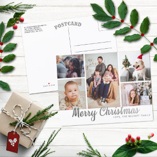 Stylish Silver Merry Christmas 5 Photo Collage Holiday Postcard
