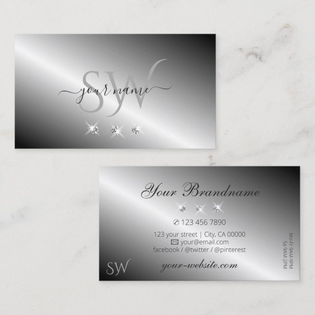 Stylish Silver Metal Sparkling Diamonds Monogram Business Card (Front/Back)