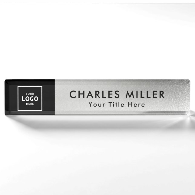 Stylish Silver Modern Professional business logo Nameplate (Front)