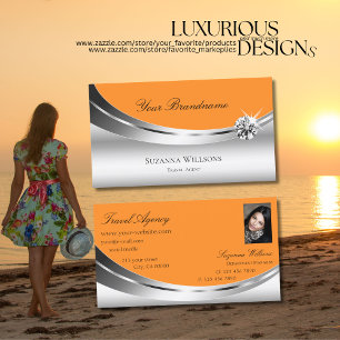 Stylish Silver Orange with Photo Sparkle Diamond Business Card