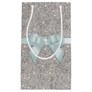 Stylish Silver Sequins, Bow & Ribbon Small Gift Bag