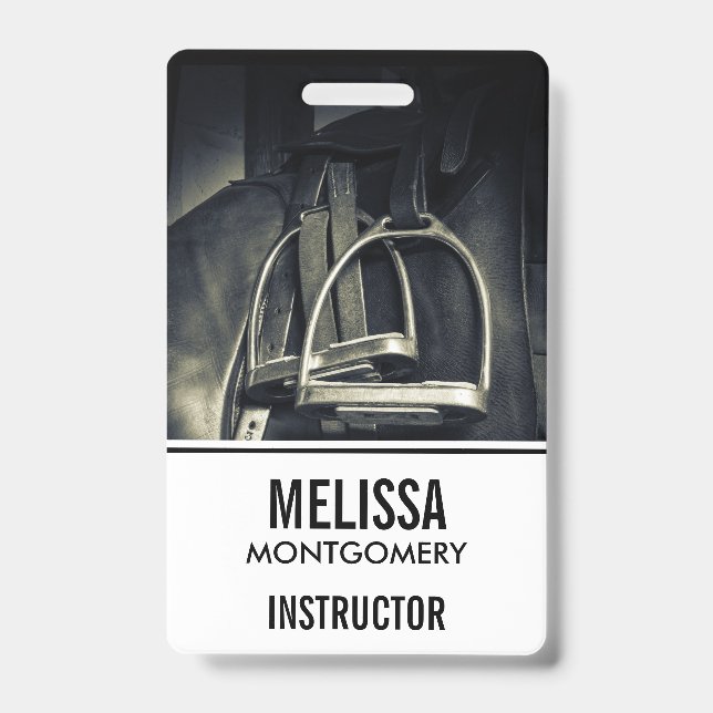 Stylish Silver Stirrups on English Riding Saddle ID Badge (Front)