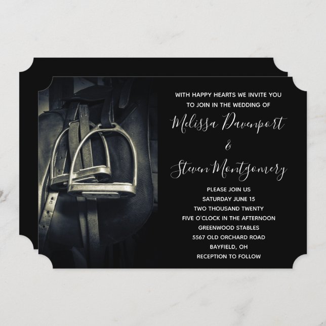 Stylish Silver Stirrups on English Riding Saddle Invitation (Front/Back)