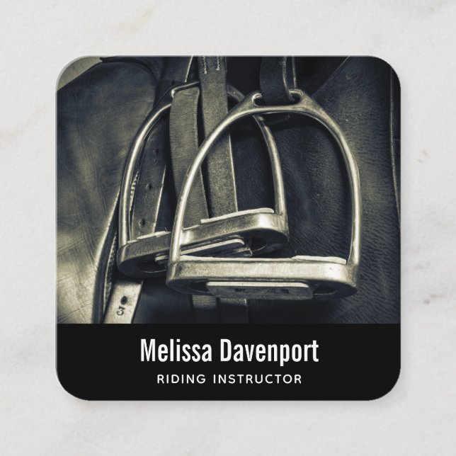 Stylish Silver Stirrups on English Riding Saddle Square Business Card (Front)