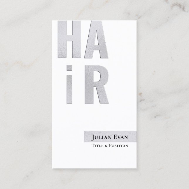 Stylish Silvery White Hairdresser Business Card (Front)
