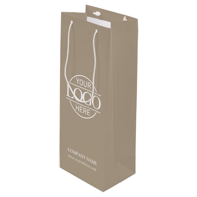 Stylish Simple Taupe Beige Company Business Logo Wine Gift Bag (Front Angled)