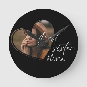 Stylish Sister Photo Elegant Modern Black Round Clock