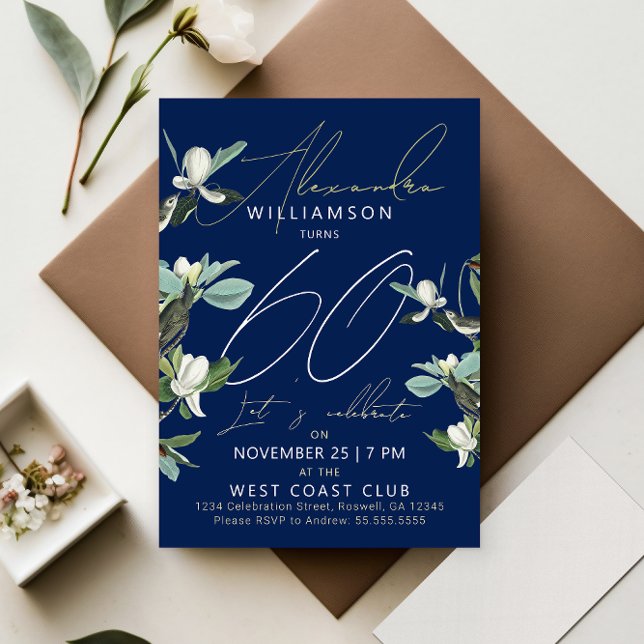 Stylish Sixty Modern Script Blue Floral Invitation (Creator Uploaded)