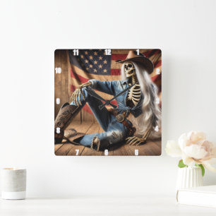 Stylish Skeleton in Western Attire American Flag  Square Wall Clock