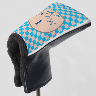 Stylish Sky Blue & Cream Chequered Monogram Golf Head Cover