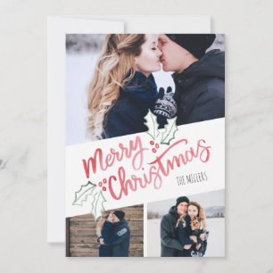Stylish Slant Watercolor Merry Christmas 3-Photo Holiday Card